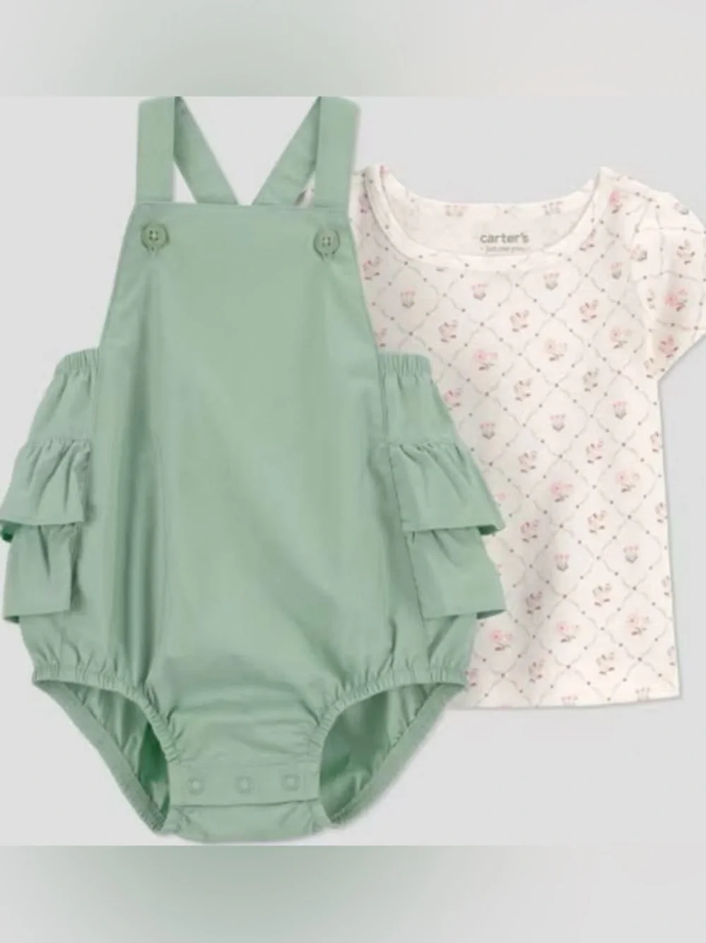 Carter's Mint Green Ruffle Romper with Floral Tee Set